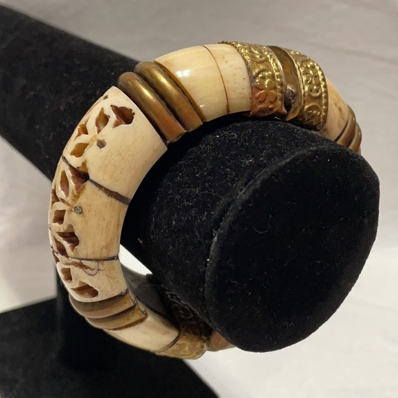 Antique Afghani Bone, Brass, Wood bracelet with pin latch 7” - Picture 3 of 13